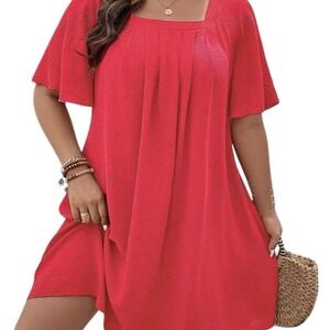 SHEIN CURVE VCAY Plus 1XL Square Neck Plicated Detail‎ Dress Red Brand New